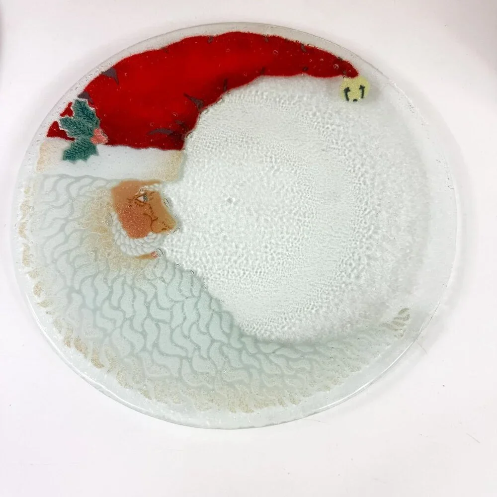 Peggy Karr Santa Crescent Moon Face Fused Art Glass Plate 11.25